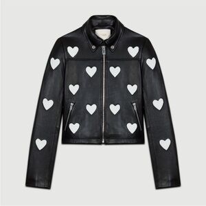MAJE Black & White Heart Embroidered Leather Jacket EU 36 fits XS/S